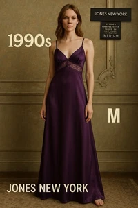 Vintage 90s Jones New York Purple Satin Full Length Slip Dress Velvet Lace M - Bild 1 von 6