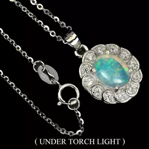 925 Argento Sterling Collana Ovale Opale di Fuoco 9x7mm Gemma Gioielli 45.7cm - Foto 1 di 9
