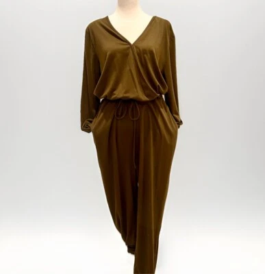 Olive Green Jumpsuit Women’s L Long Sleeve V-Neck Tie Waist Romper with Pockets - Image 1 of 4