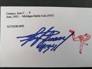 2002 Michigan Battle Cats: Juan Campos, SIGNED 3x5 Card