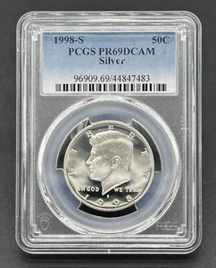 Impresionante moneda de prueba de plata Kennedy estadounidense 1998-S 50C graduada PCGS PR69DCAM - Imagen 1 de 2