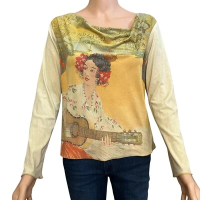 90s VTG White House Black Market Art Print Faux Suede Top Medium Lady Rhinestone - Image 1 of 4