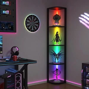 5 Tiers Corner Shelf with Light, 162Cm LED Corner Bookshellf Standing Floor Lamp - Picture 1 of 12