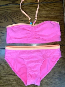 Justice Pink Embossed Peace Sign Bikini EUC Girls 2 Piece Swimsuit Size M (10) - Picture 1 of 4