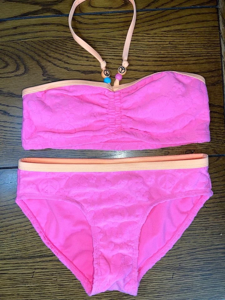 Justice Pink Embossed Peace Sign Bikini EUC Girls 2 Piece Swimsuit Size M (10) - Image 1 of 4
