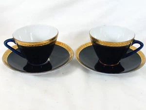 2 Vintage Russia Soviet LFZ Lomonosov Cups Saucers Blue Gold USSR - Picture 1 of 8