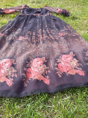 70er Jahre Maxi Hippie Rosen Blumen Kleid braun Original Vintage  - Bild 1 von 4