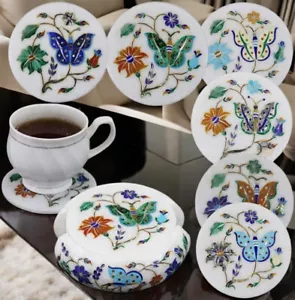 Juego de posavasos de té con incrustaciones florales de piedra múltiple diseño mariposa mármol blanco de 4" Deco - Imagen 1 de 5