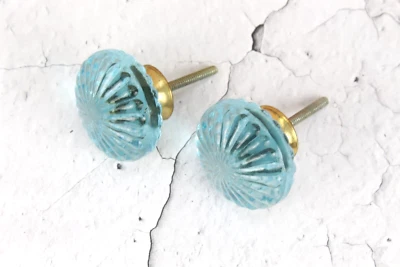 Glass Door Knob Vintage Victorian Thick Light Blue Glass Brass Old Knob Set 2 Pc - Image 1 of 4