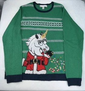 Ugly Christmas Sweater Einhorn Santa Barfing Candy Unisex XL grün bestickt - Bild 1 von 8
