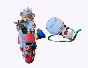 Vintage Christmas Tree Ornaments Teddy Bear Locomotive Train & Santa On Baseball - Picture 1 of 4
