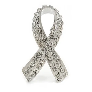 Clear Crystal Breast Cancer Awareness Ribbon Pin In Silver Tone/ 37mm Tall - Picture 1 of 3