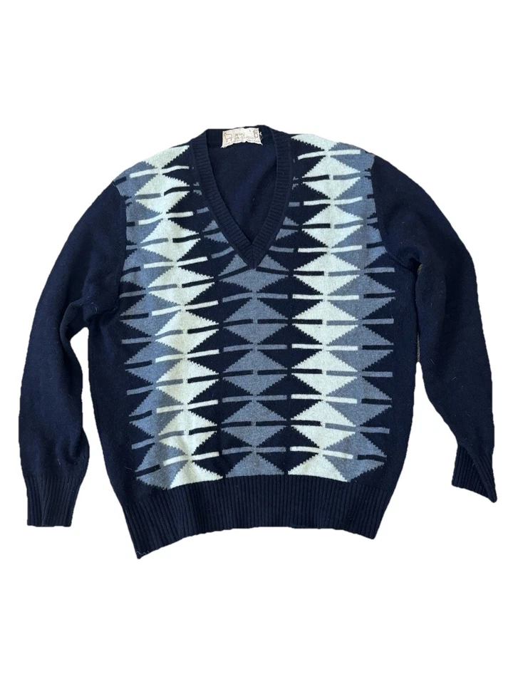 Vintage Men’s 1980s Paul Fourticq Blue Sweater Large Geometric Pattern - Image 1 of 4