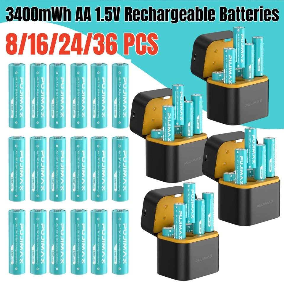 8/16/24/32PCS PUJIMAX 3400mWh 1.5V AA Lithium Rechargeable Battery + Charger Box - Image 1 of 4