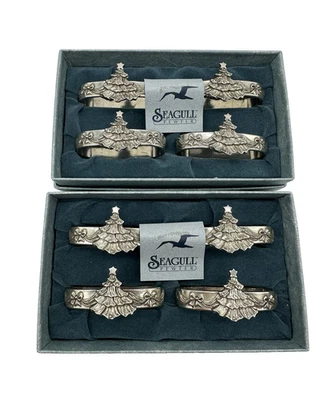 Christmas Tree Napkin Rings Set of 8 New In Original Box 1990 Seagull Pewter - Image 1 of 4