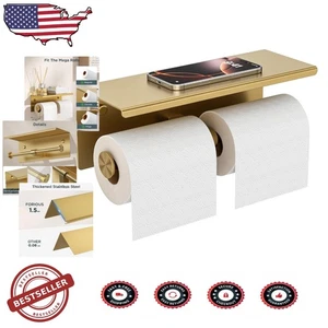 Brushed Gold Stainless Steel Double Toilet Paper Holder Shelf - Picture 1 of 9