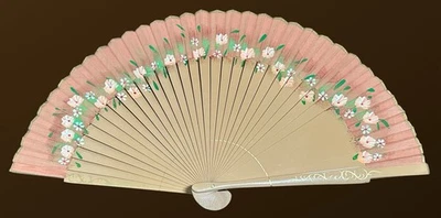 Vintage Asian Bamboo and Paper Folding Fan with Hand-painted Flowers 1950s (16") - Image 1 of 4