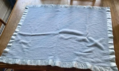 Vintage Baby Blanket Satin Trim Light Blue 44.5x33.5” Lovey Comfort - Image 1 of 4