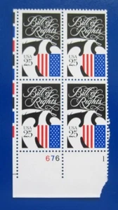 Sc # 2421 ~ Plate # Block ~ 25 cent Bill of Rights Issue (fd15) - Picture 1 of 1