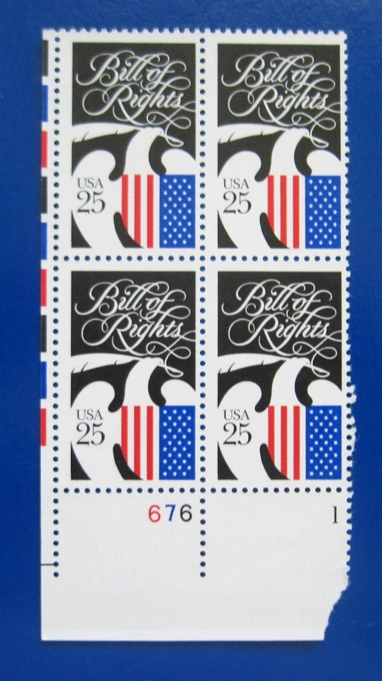 Sc # 2421 ~ Plate # Block ~ 25 cent Bill of Rights Issue (fd15) - Image 1 of 1