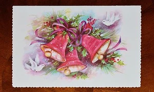 Vintage UNUSED Christmas Card ~ GLITTER ~ PINK BELLS w/ DOVES Mid-Century - Picture 1 of 4