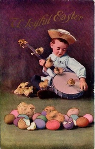 1908 EASTER POSTCARD Sweet Little Boy Holding Banjo Watching Chicks Colored Egg - Picture 1 of 2