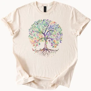 T-Shirt Aquarell Lebensbaum bunt Natur Wurzeln und Blätter - Bild 1 von 6