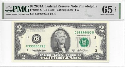 2003A Philadelphia $2 FRN Hard to Find CB Block PMG 65 EPQ Gem Unc (Sheet Note) - Image 1 of 4