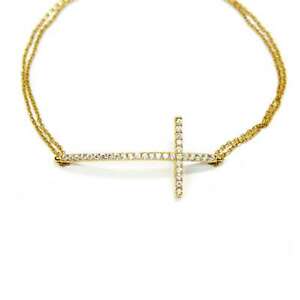 NEW Athra Womens Jewelry Side Cross Double Chain Gold Plated Bracelet