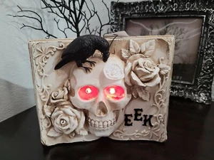 Halloween Faux Book Skull Black Crow LIGHT UP Prop Figurine Tabletop Decor - Picture 1 of 7