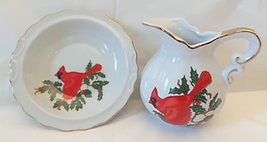 Schöne Lefton Sammlung kleine Schüssel & Krug Set mit Kardinälen & Stechpalmen Beeren - Bild 1 von 3