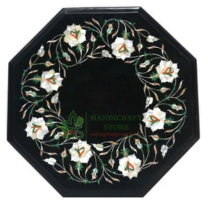 Black Marble Inlay table Top Inlaid With Semi-Precious Gems Stone For Side table - Picture 1 of 8