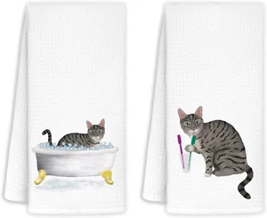 Funny Cat Towel for Bathroom Set of 2 - Cat Decor, Cat Funny Hand Towels for Bat - Picture 1 of 12