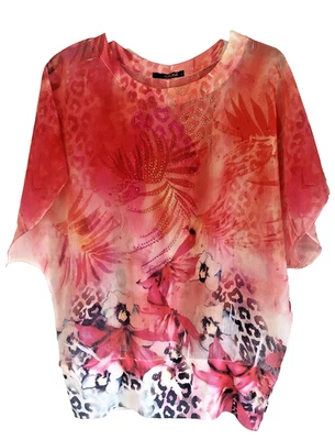 QUIZ Top Pequeño Naranja/Rosa Floral Flotante Gasa Ala de Murciélago con Diamantados Excelente Estado Foto 1 de 4