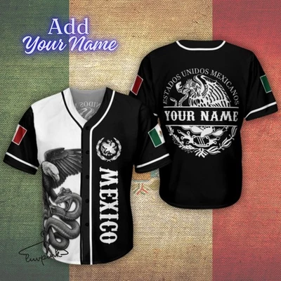Camiseta de béisbol de México con nombre personalizado color dividido negra blanca camisa de águila realista Foto 1 de 4