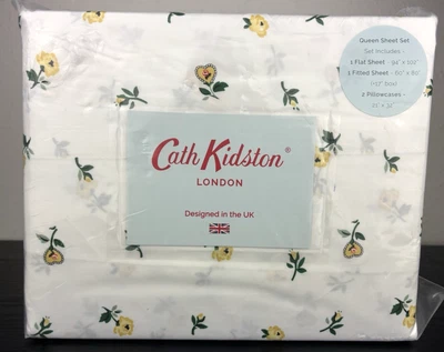 Juego de sábanas Cath Kidston Queen algodón percal amarillo blanco encaje Ditsy floral Foto 1 de 4