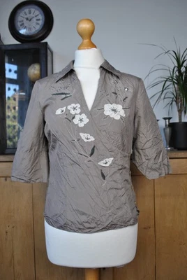 Coast Brown Crinkle Silk Wrap Blouse Size 10 – Beaded Floral Embroidery - Image 1 of 4