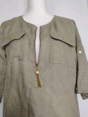 Ellen Tracy 100%Linen Blouse 1/4 Zip Tunic Top Roll Tab Green/Gold-Small Foto 1 de 4
