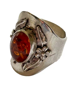 Vintage 1970's Sterling Amber Ring Size 10 1/2 - Picture 1 of 13