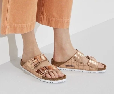 Birkenstock Arizona Rose Gold Crocodile Embossed Double Strap Sandals 37 7 NWOB - Image 1 of 4