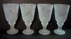 Dragonfly Frosted Wine 4 Glass Drink Goblets Lucky Insect Detail Bug Design Vtg - Picture 1 of 9