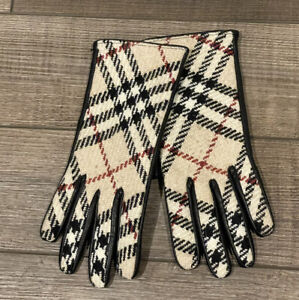 BURBERRY LONDON Designer Nova Check Wool Black Leather Gloves Sz 7.5
