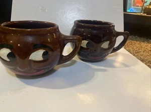 pair of McCoy USA Pottery Brown Black Smiley Face Mugs Cup Man in the Moon   ! - Picture 1 of 6