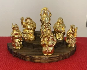 “Seven Lucky Gods” Set Of Japanese Gold Metal Figurines &Wood Display Stand EUC - Picture 1 of 17