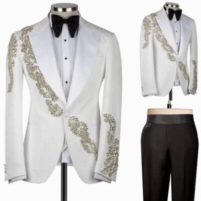 Luxury Wedding Groom Men's Rhinestone Suits Slim Fit Jacket Black Pant 2 Pieces - Image 1 of 4