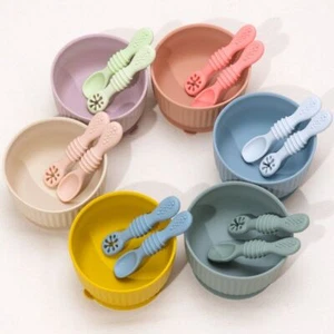 Feeding Spoon Set Baby Toddler Training Weaning Tableware 2Pcs Silicone Utensil - Picture 1 of 25