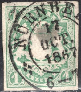 Bavaria Stamp Scott #15, 1kr, Yel Green, Embossed, Imperf, Used, SCV$12.00 - Picture 1 of 1