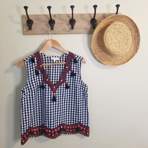 THML Tank Sleeveless Top Gingham Check Embroidered Tassels Red White Blue S EUC - Picture 1 of 8