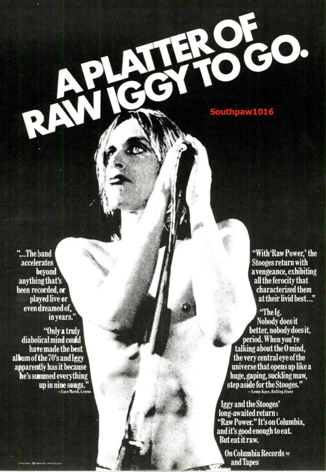 1973 Iggy & The Stooges" "Raw Power" Album Release  Industry Promo Reprint Ad - Image 1 of 1