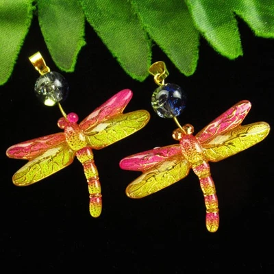 2Pcs Yellow Peachblow Acrylic Dragonfly & Rock Crystal Ball Pendant H91237 - Image 1 of 2